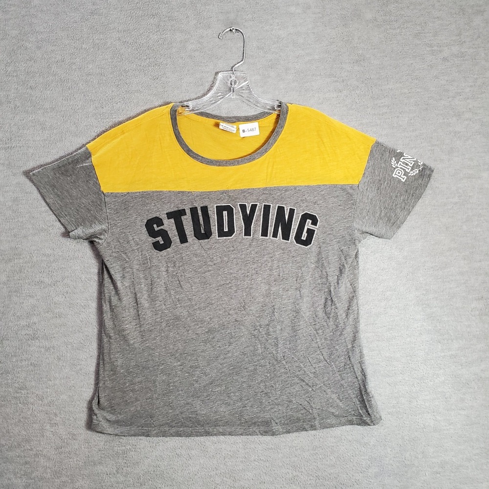 Pink Victorias Secret Women Top M Gray Colorblock Shirt Studying Short Sleeve
